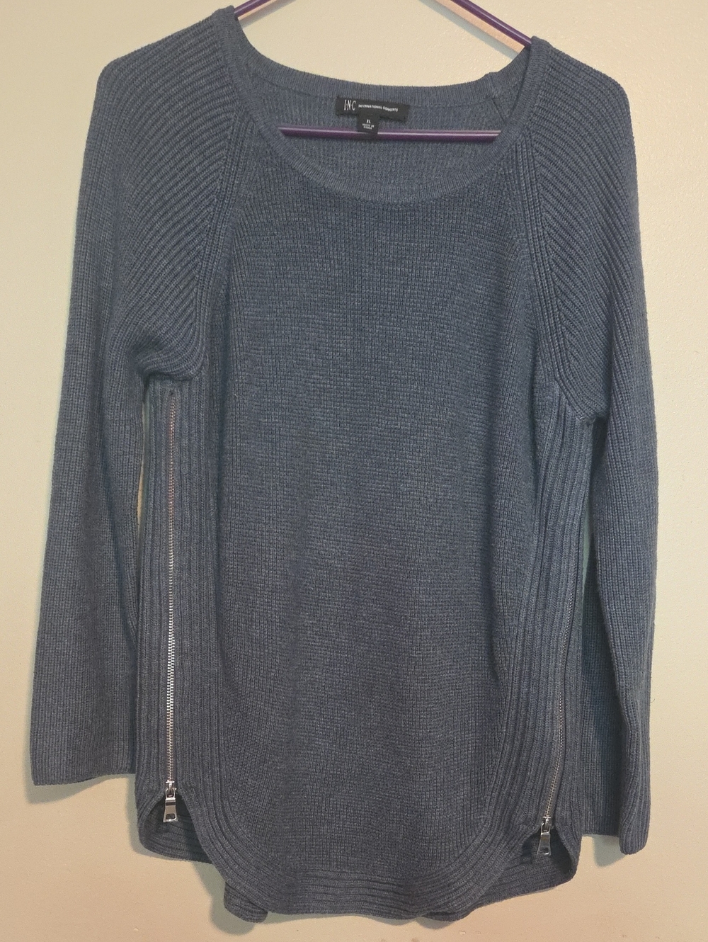 INC International Concepts Slate Blue Zip-Detail Scoop Neck Sweater